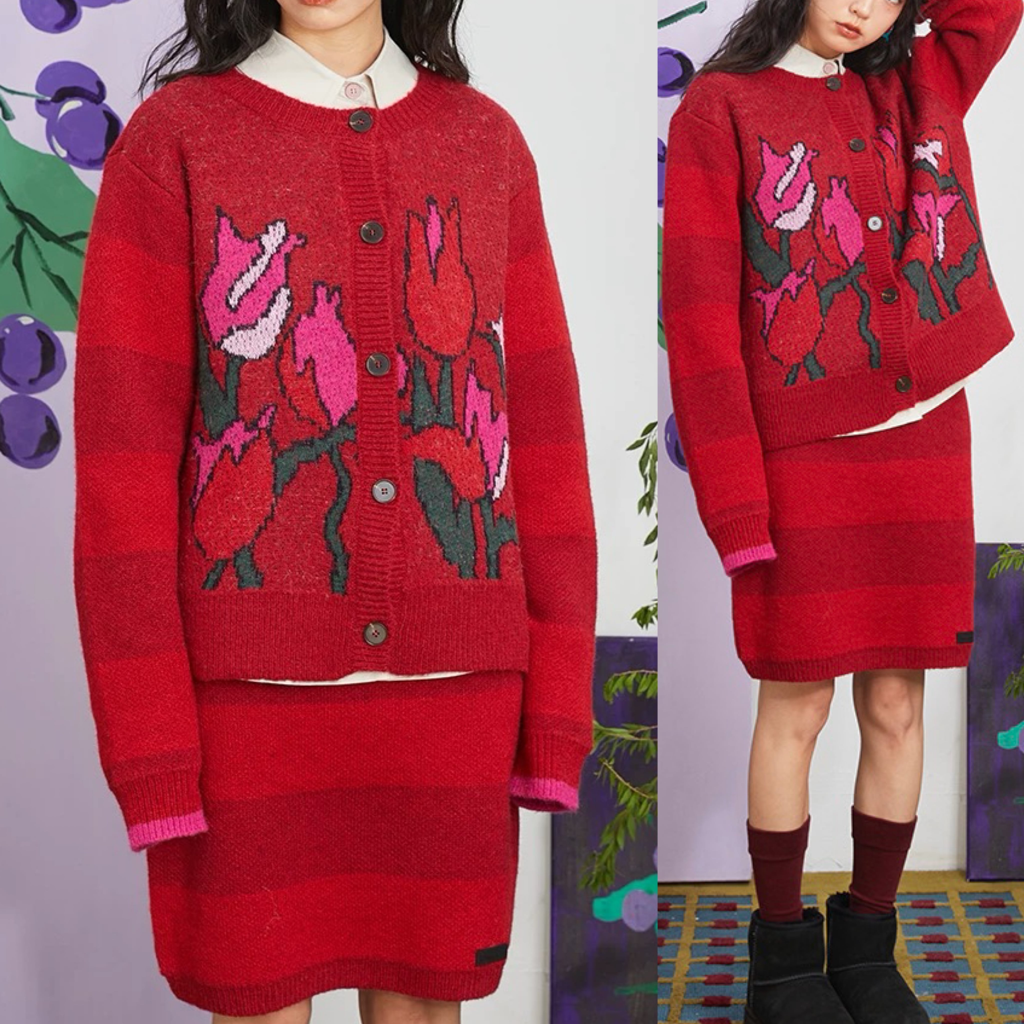 赤 ピンク ニット フラワー 花柄 カーディガン | LOVEYsmileSHOP 赤 ピンク ニット フラワー 花柄 カーディガン | LOVEYsmileSHOP