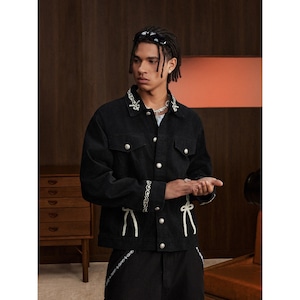 【DRIP6858】STKD Ethnic Pattern Embroidery Washed Denim Jacket