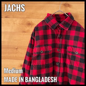 【JACHS】ネルシャツ 長袖シャツ フランネル ヘビーネル 厚手ネルシャツ バッファローチェック ブロックチェック フラップポケット M 赤黒 US古着