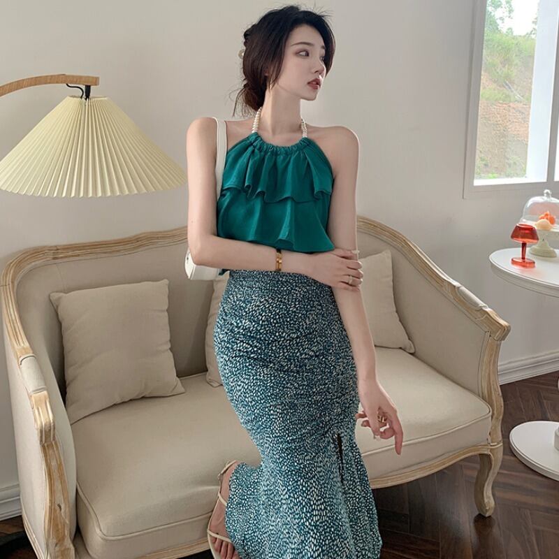 ホルターハイウェストウェストレオパードパターンスカート ハンチェンe36210773586