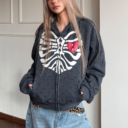 dot skeleton heart zip-up hoodie　ドットスケルトンハートジップアップフーディー　J2132