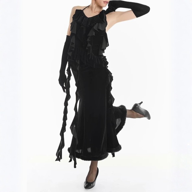 ベルベットフェザートリム ブラック マーメイド ダンススカート 1col　D00624