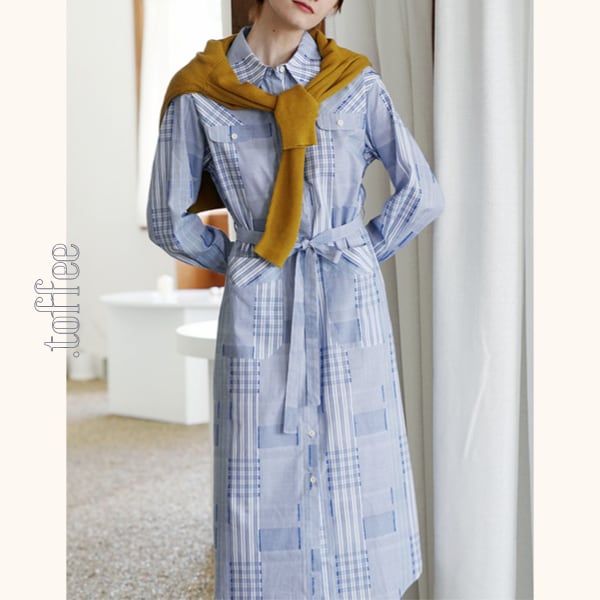 hal + チェック柄パッチワークシャツワンピース