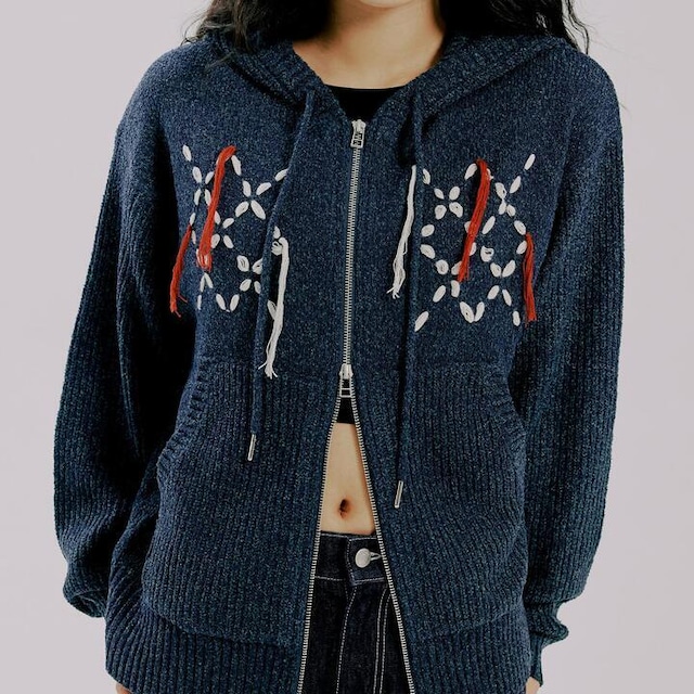 NAVAJO KNIT HOOD ZIP UP_NAVY