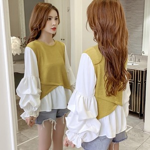 【送料無料】ニット ブラウス トップス ボリューム袖 バルーンスリーブ ドッキング アシンメトリー 長袖 ゆったり 無地 おしゃれ きれいめ 大人可愛い 上品 お出かけ デート 普段使い デイリー 着回し TO-440IU