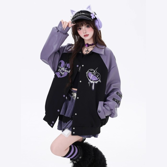 ゴスロリファッション 通販 With U CRAZYGIRLシリーズ ジャケット パープル 長袖 ジャージ アウター チェック柄 ロリパン パンク ストリート系 量産型