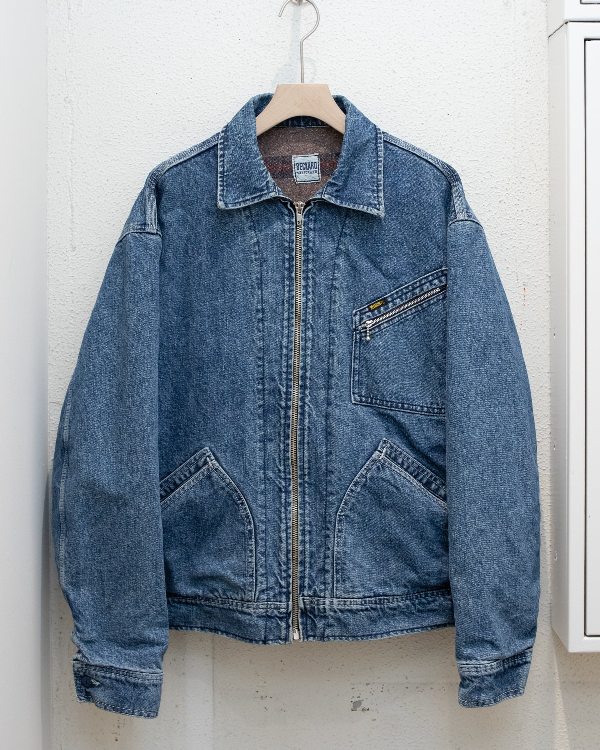 blanket lined denim zip work jacket / angled zip chest pocket