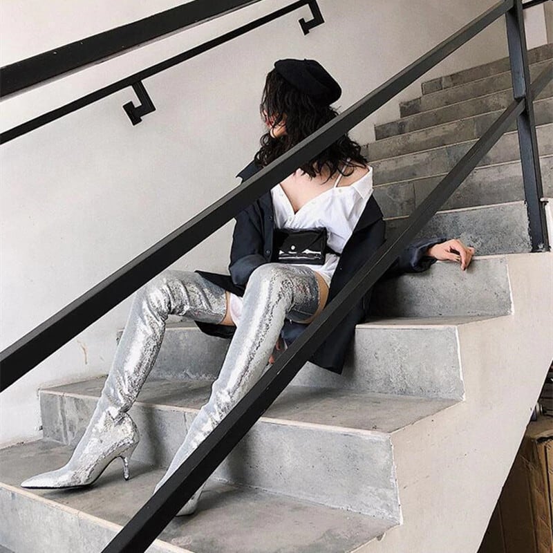 新作】【送料無料】 シルバーゴールドスパンコールブーツセクシーな