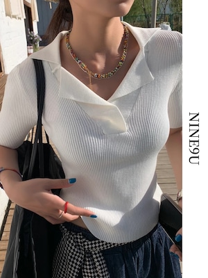 polo-neck half-sleeve plain summer-knit 2color【NINE7857】