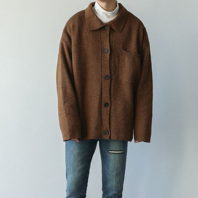 【予約販売】カーディガン ニット メンズ アウター 襟 ボタン 無地 ブラック グレー コーヒー カジュアル シック 総柄 男前 こなれ感 お洒落 韓国 トレンド 秋 冬 S/M/L/XL