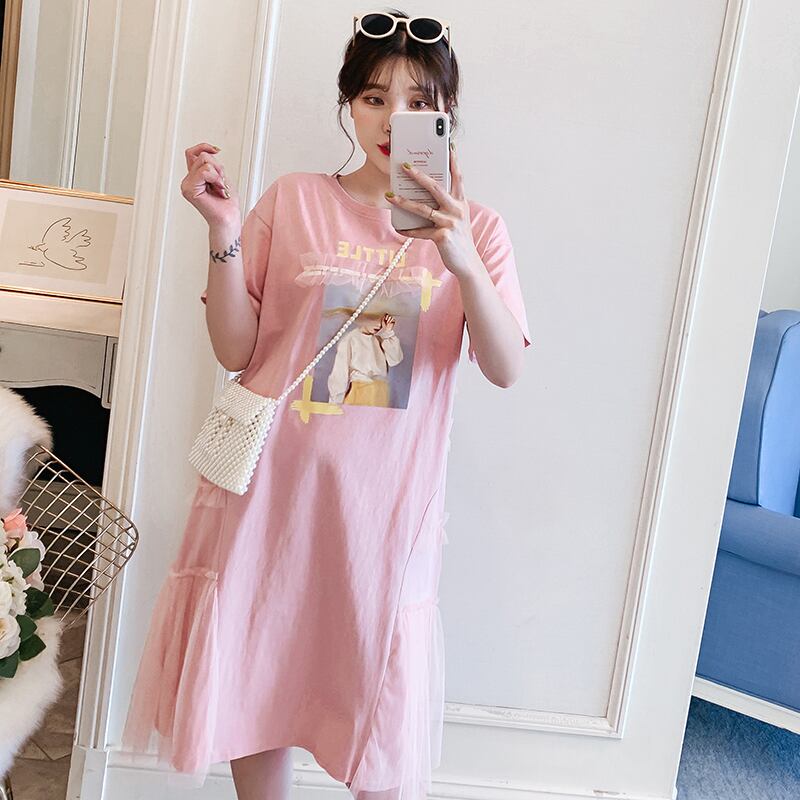 【新作】【送料無料】 マタニティ服サマーOネックガーゼパッチワーク妊娠中のドレス服妊娠中の女性ルーズミッドロングプラスサイズのママドレス 大きめサイズ 夏物 AL expec366691189561