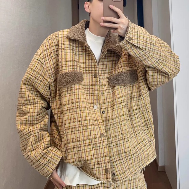 Retro Colorblock Plaid Sherpa Jacket – Biscuit Tone Warm Canvas Outerwear (FD082)