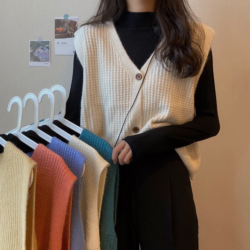 ニットレディーススプリングノースリーブVネックレッド 春物 オータム 秋物 試着室90519122256