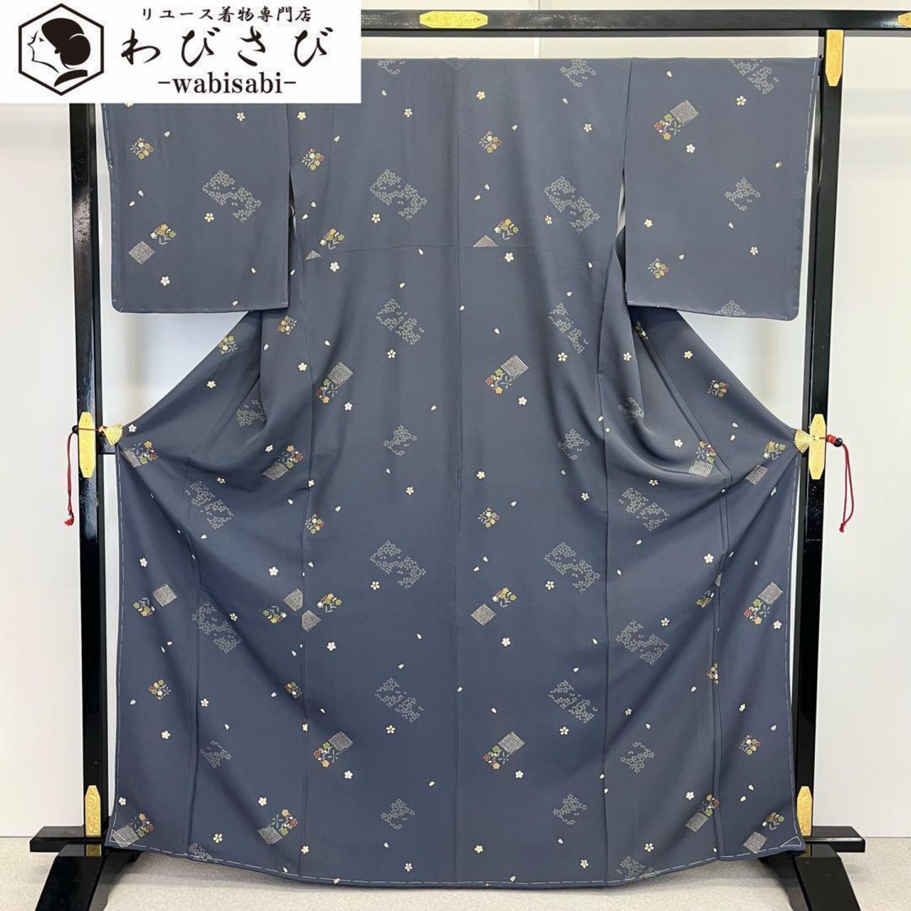 ☆ 小紋 飛び柄 桜の花模様 縮緬 藍鼠色 トールサイズ しつけ糸 筋違い K- 