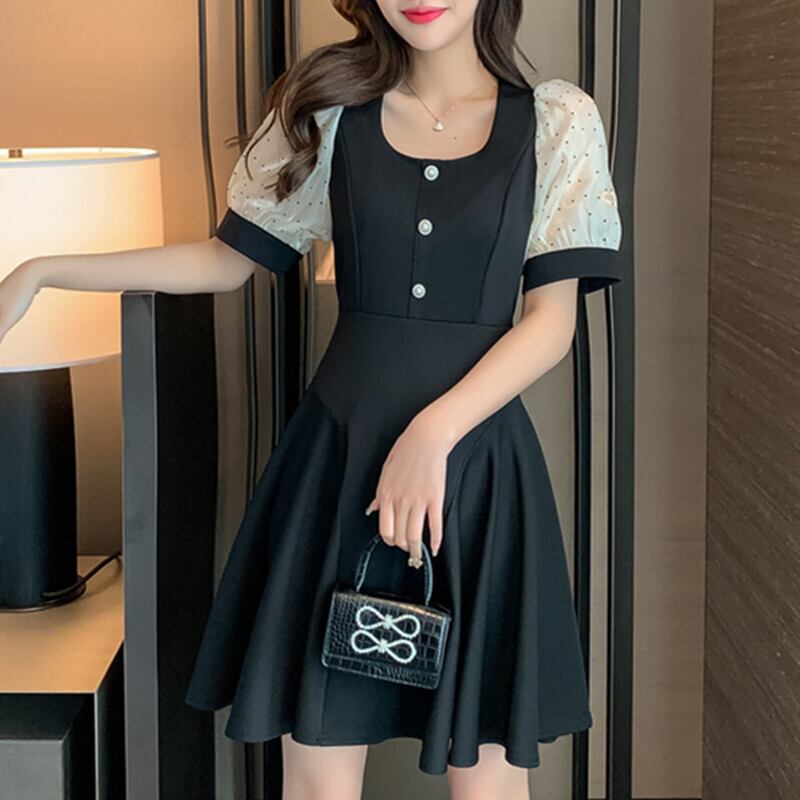 ワンピース カジュアル 半袖 スクエアネック 黒 配色 Aライン パフスリーブ 重ね着風 ブラック S M L Xl 2xl 3xl Dresszone