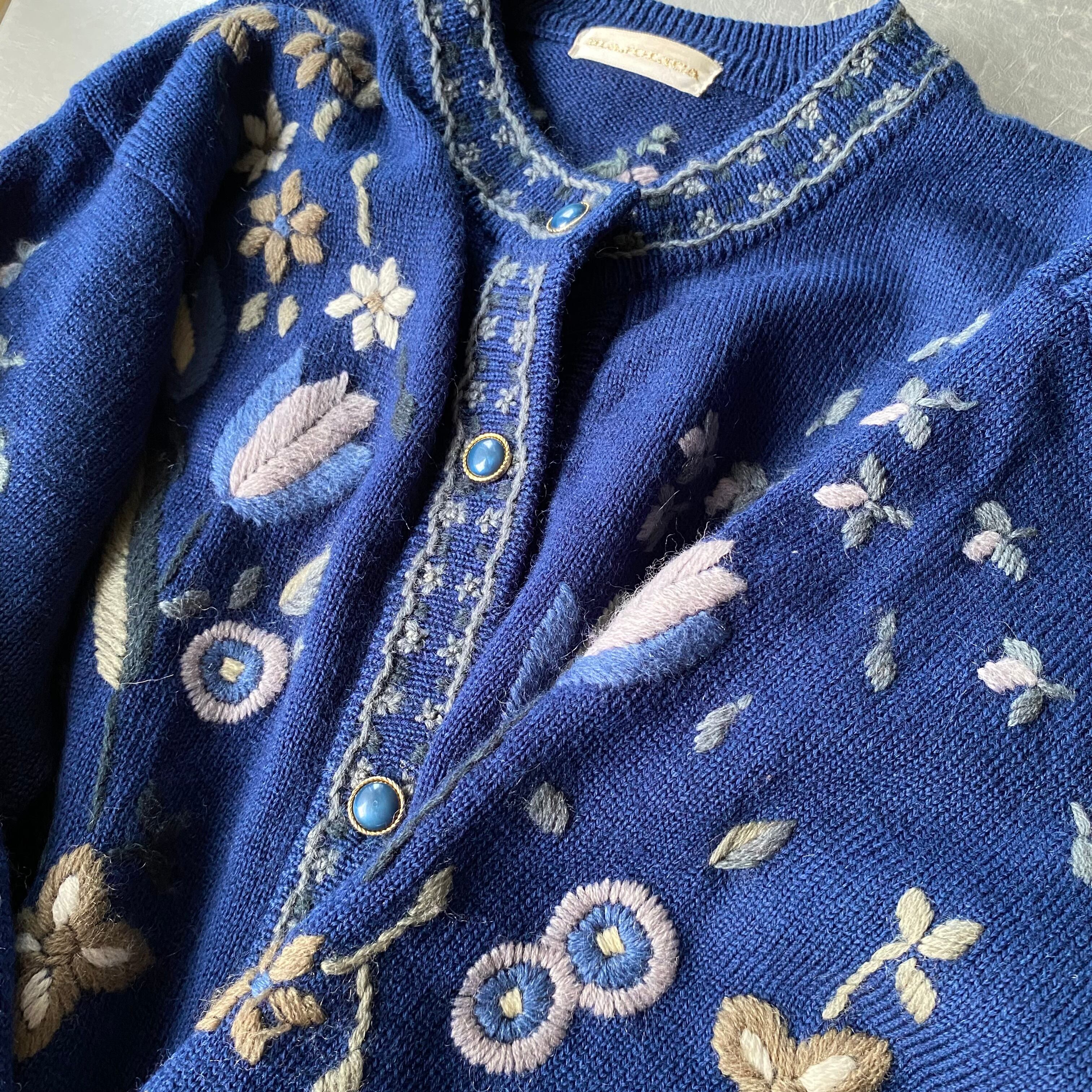 Vintage 80s retro botanical embroidery knit cardigan レトロ ...