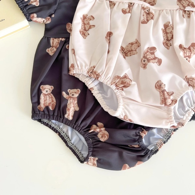 short sleeve bear onepiece swim wear｜ 水着 くま柄 半袖 ワンピース 女の子 男の子 ホワイト ブラック