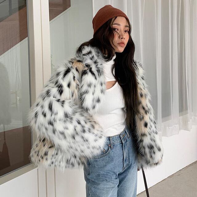 ファーコート フェイクファー レディース アウター ゴージャス ヒョウ柄 レオパード おしゃれ ホワイト/ブラウン S/M/L/XL