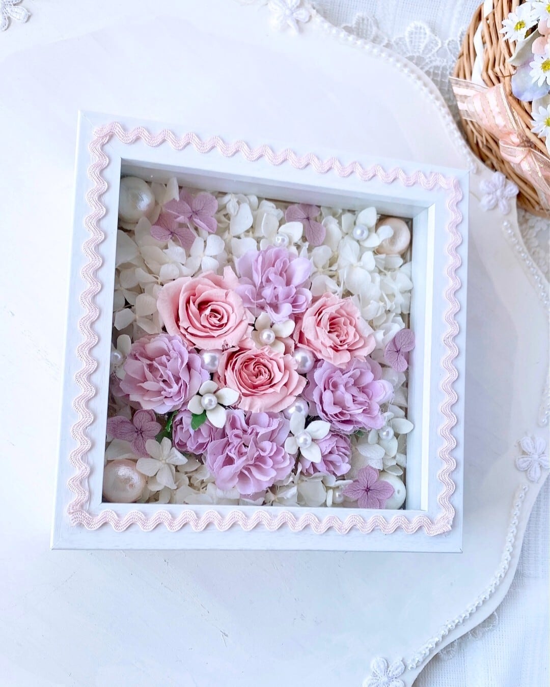 ことばの花束フラワーフレーム【HGF-02】縦横15㎝│ 木枠ガラスフレーム｜ ピンクローズ│ギフト｜ 記念日│誕生日│お餞別に