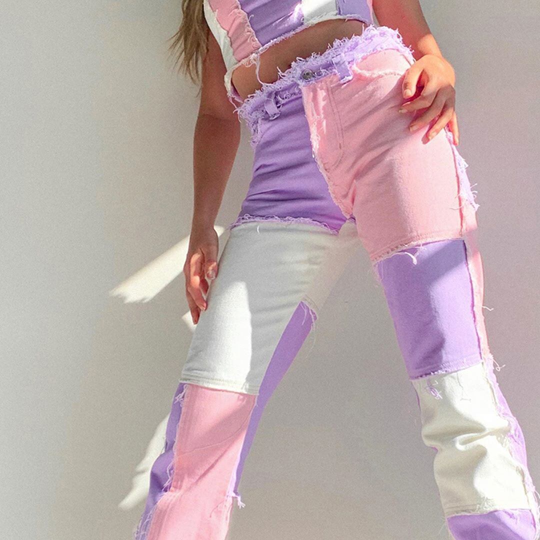 【新作】【送料無料】 パッチワークスキニーストレートレッグジーンズウーマンウエストデニムパンツカラーブロックヴィンテージボトムスストリートウェアパンツ ビンテージ 1AERolker94241072732