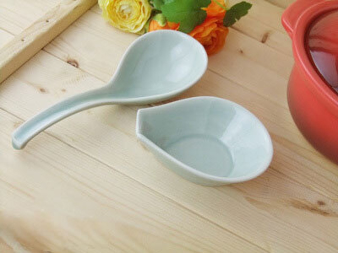 大きな青地レンゲ 受け台付 和食器 土鍋 お玉 萬古焼