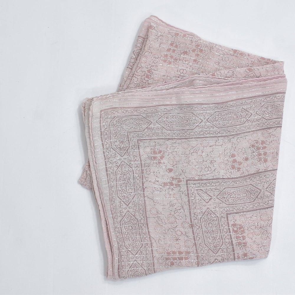 Indian Cottoe Scarf インディアンコットンスカーフ 大判 ストール ペイズリー フラワー ラメ糸 総柄 インド綿 ピンクベージュ USED ビンテージ 古着 レディース