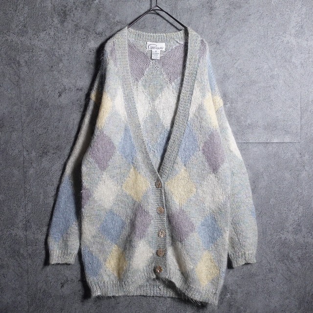 Multicolor diamond motif design mohair cardigan