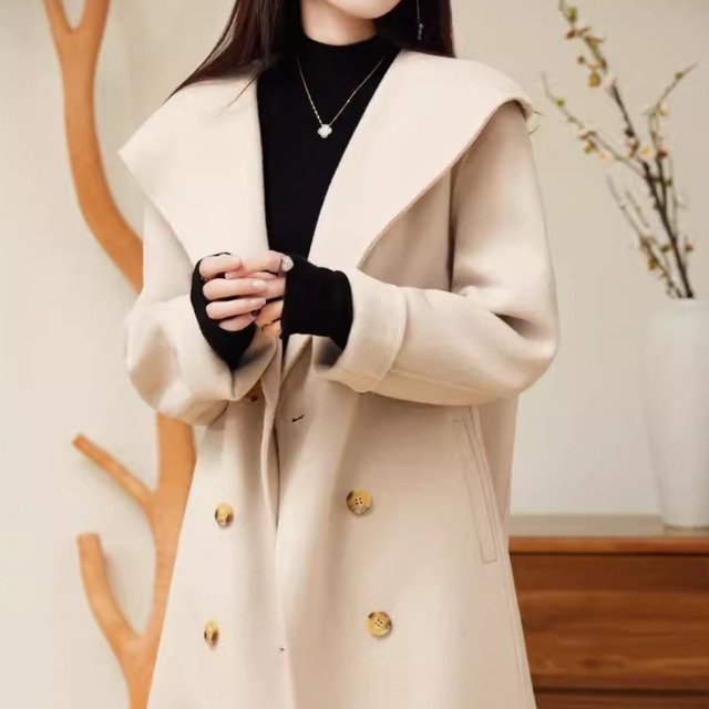 Open collar elegant double breast slim wool coat ( 4color )