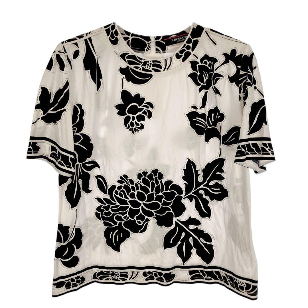マカ69 レオナール 半袖カットソー トップス 花柄 ホワイト モノトーン マカ69 レオナール 半袖カットソー トップス 花柄 ホワイト