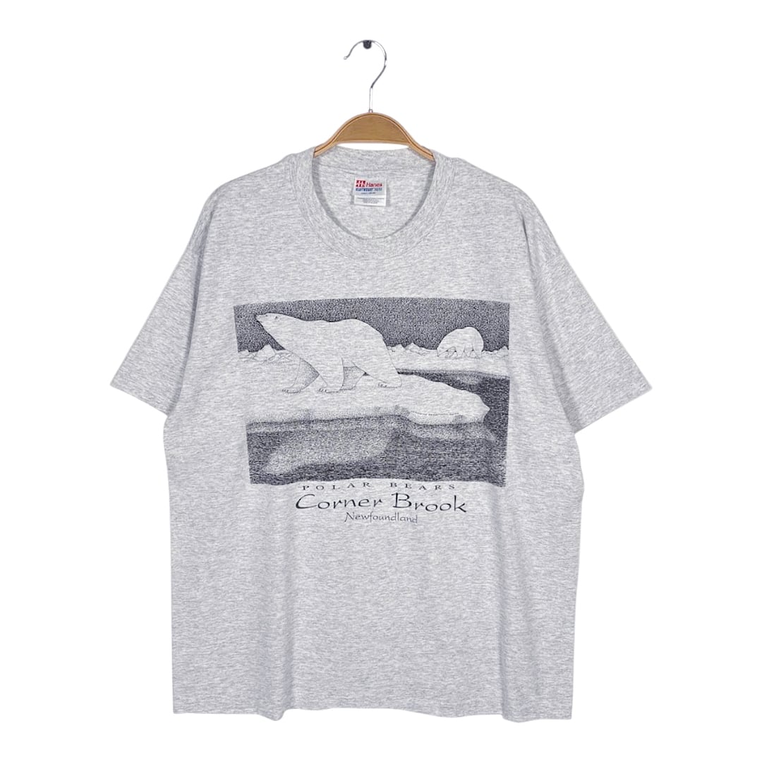 90s シロクマ 白熊 アメリカ USA製 ヴィンテージ Tシャツ アニマルプリント グレー シングルステッチ ヘインズ HANES サイズL BZ0614