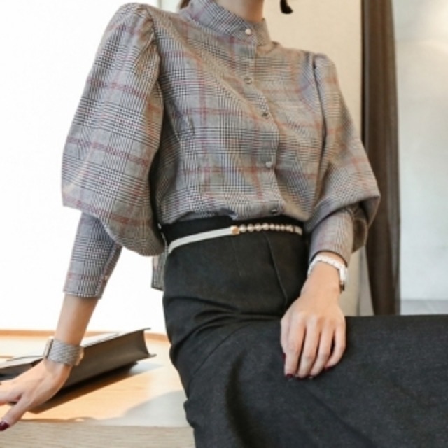 オフィスコーデ 大人 Ol 通勤 ミディアム ボリューム袖 ハイネック 袖コンシャス グレンチェック トップスブラウス シャツ Tyk06 Apparelshop Shion 幸音