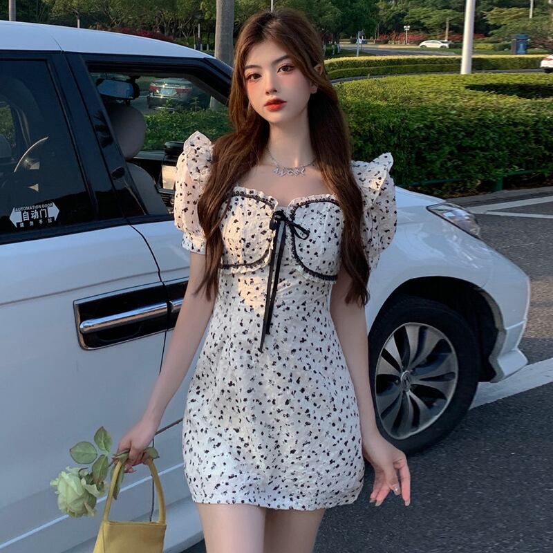 カラーフローラルドレス スタイルスリーブウェストAラインスカート レディース 大人ガーリー スウィート キュート カジュアル 花柄 スクウェア ハンチェンe59565875605