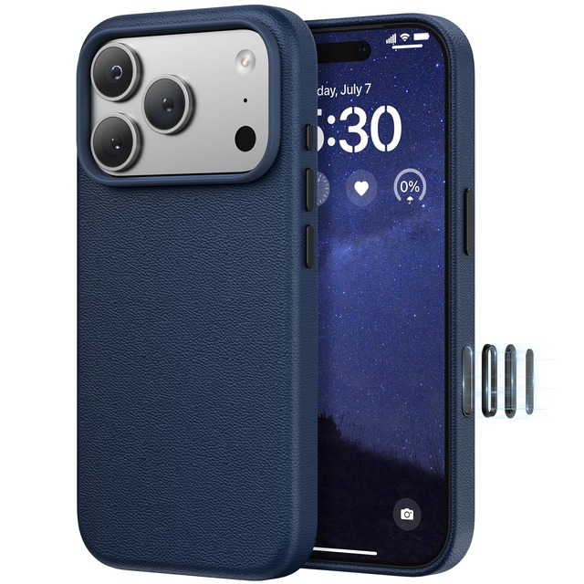 SURPHY iPhone 18 Pro/17 Pro 用ケース レザー MagSafe対応 カメラボタン付き 6.3インチ対応 スマホケース iphone 18 Pro/17 Pro PUレザー マグネット搭載 内側はマイクロファイバーが付く(ネイビーブルー)