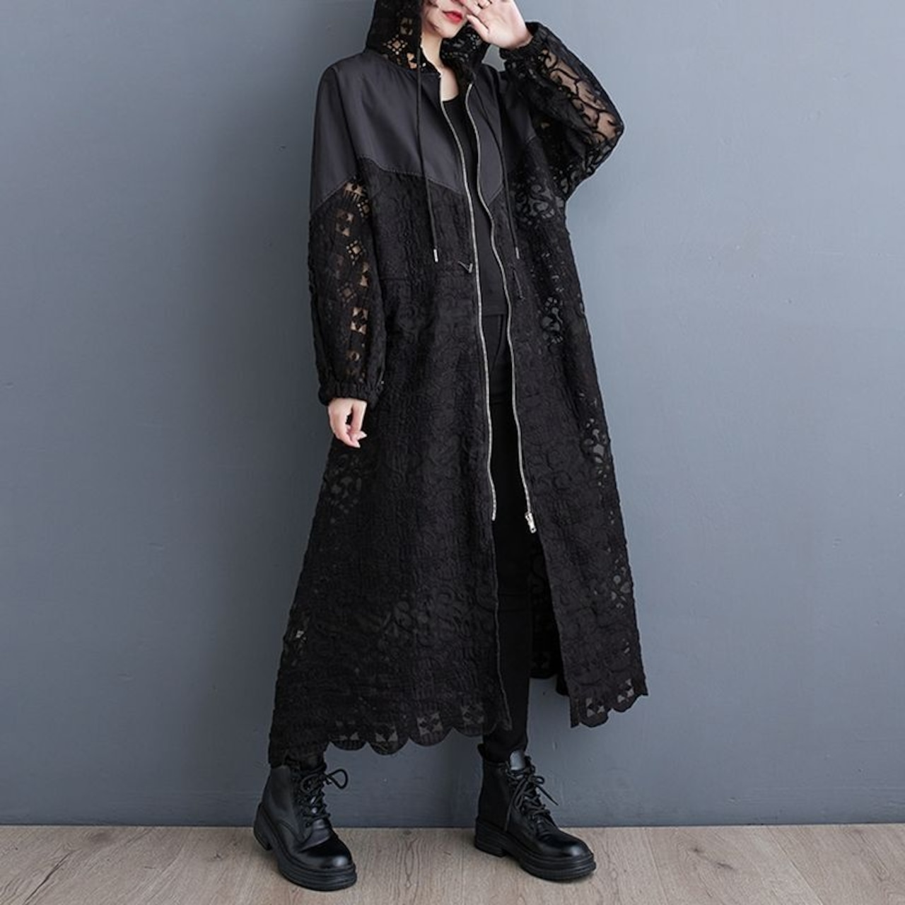 レース切替 フーデッド コート 00197