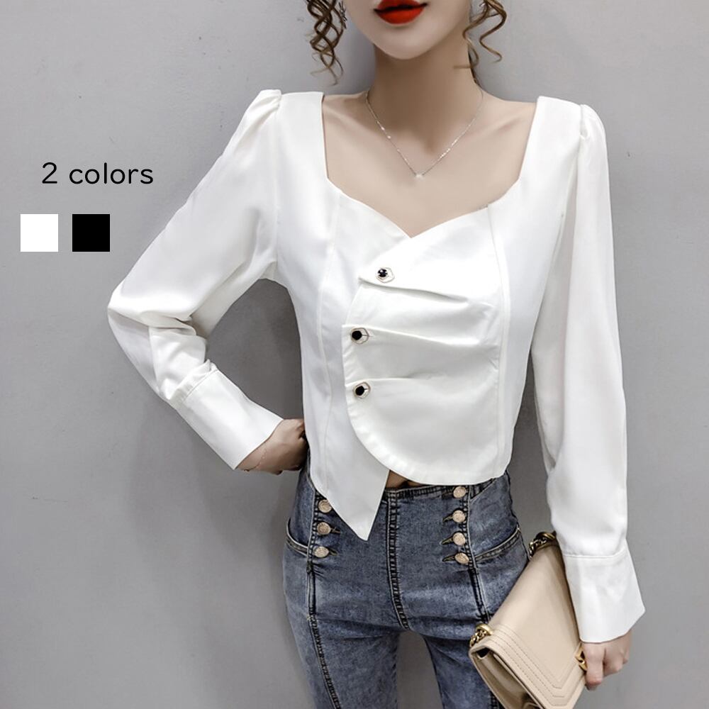 アシンメトリーデザイン シャツ ブラウス レディース 長袖 韓国ファッション