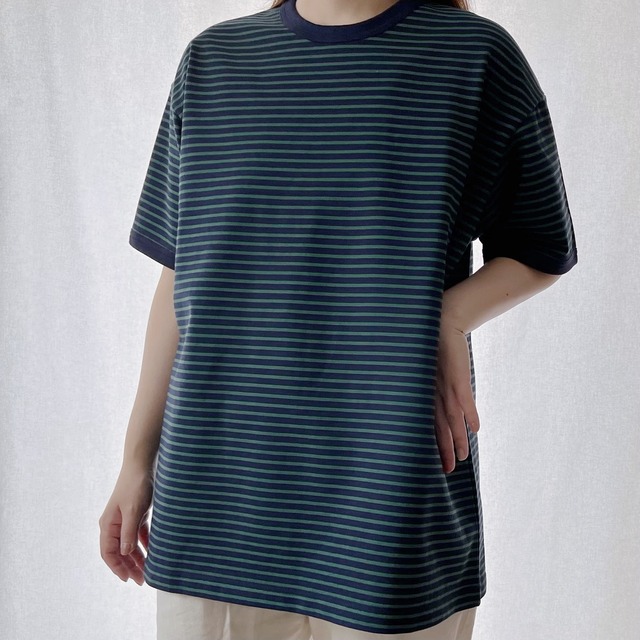 【ユニセックス】綿100％ オーバーサイズ ボーダーTシャツ｜ネイビー×グリーン｜画像4