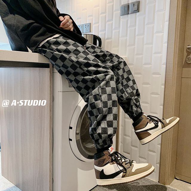 【予約販売】ジョガーパンツ カーゴパンツ ボトムス デニム チェック柄 メンズ ブラック ネイビー シック カジュアル こなれ感 お洒落 韓国 トレンド 秋冬春 M/L/XL/2XL/3XL/4XL/5XL