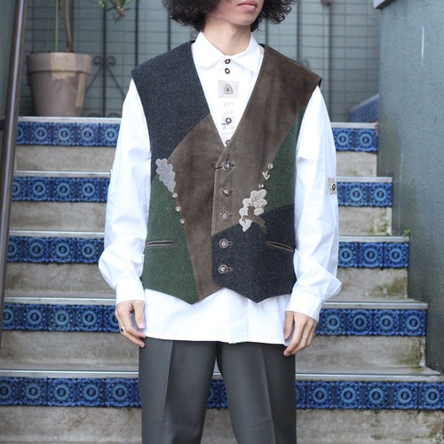 EU VINTAGE Mode aus Salzburg by h.moser 3D DESIGN  WOOL LEATHER TYROLEAN VEST/ヨーロッパ古着3Dデザインウールレザーチロリアンベスト