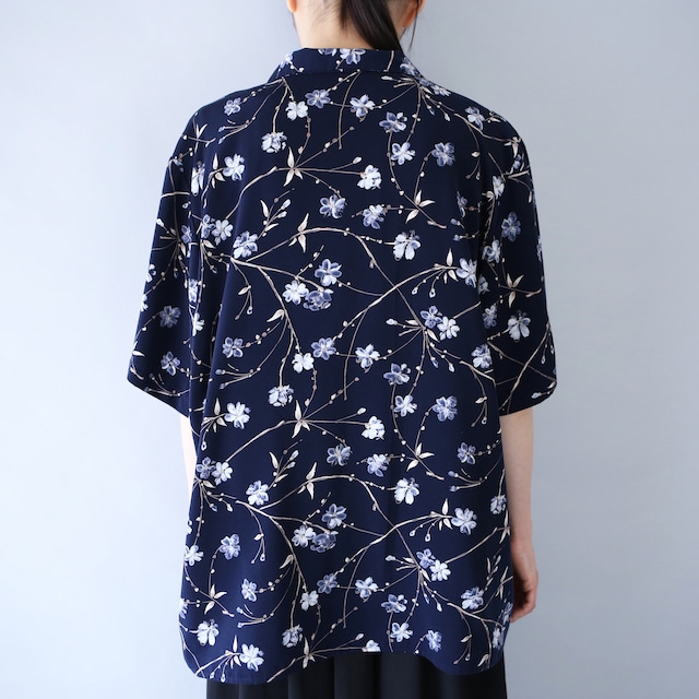 "花柄" navy base beautiful blue flower open collar h/s shirt