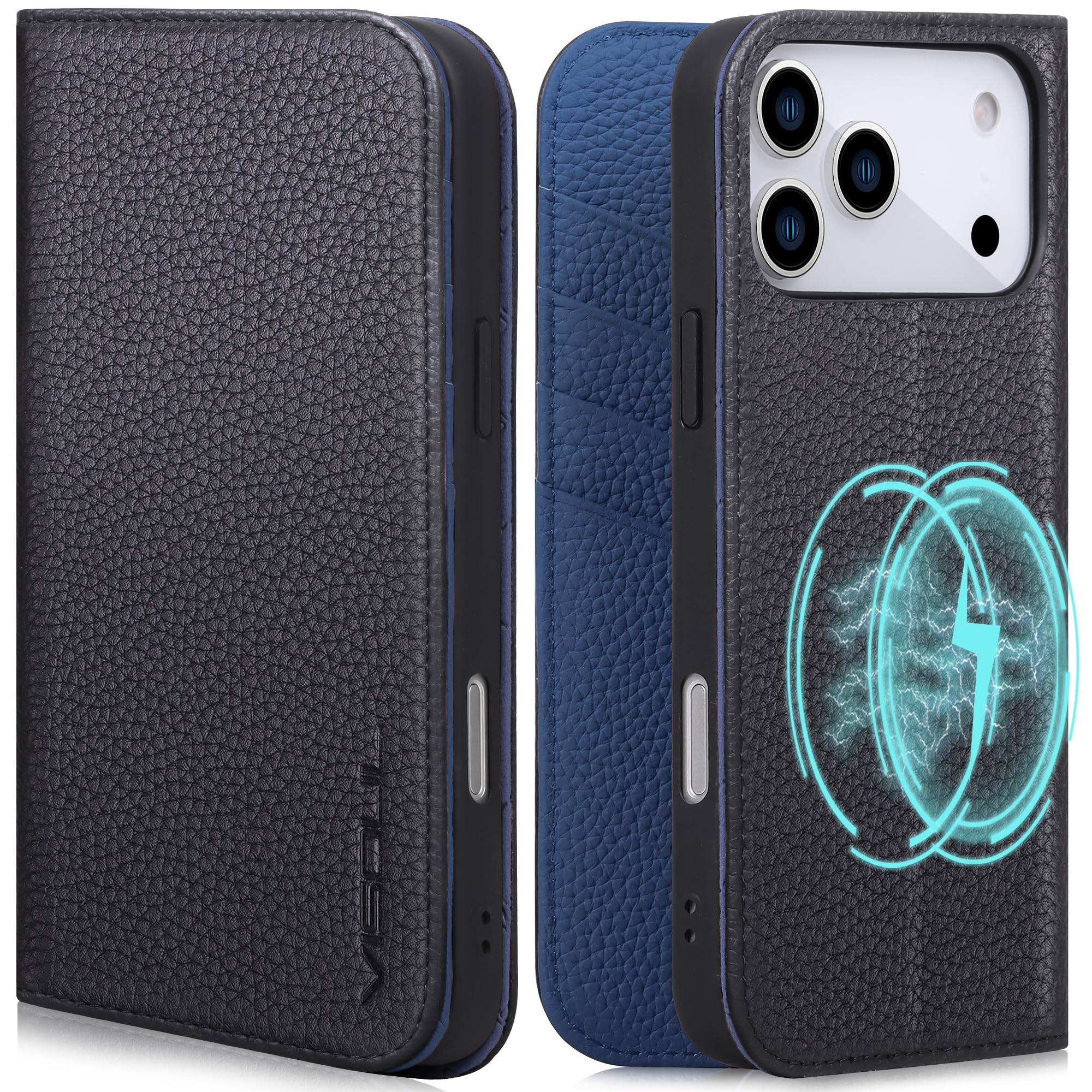 VISOUL iPhone 18 ProMax/17 ProMax 対応 ケース 手帳型 本革レザー 6.9インチ ブラックxネイビー