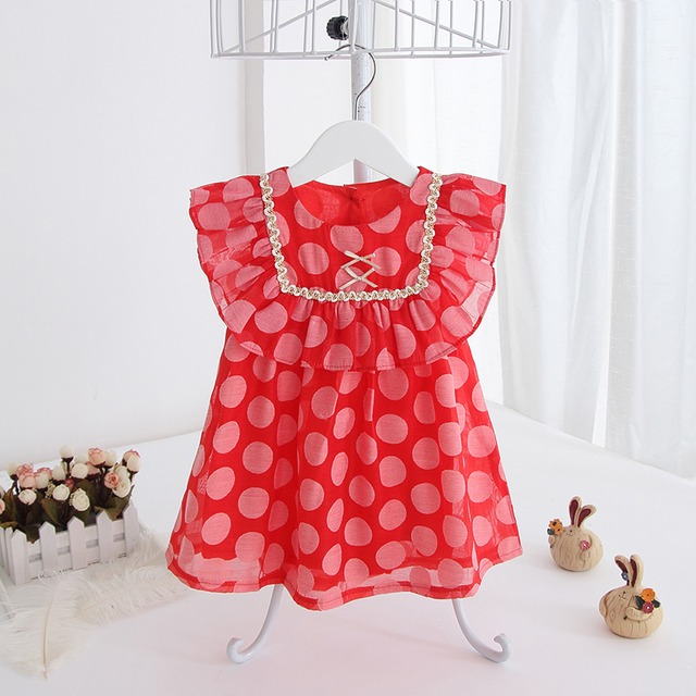 お上品ドットの春夏ノースリワンピ（レッド）