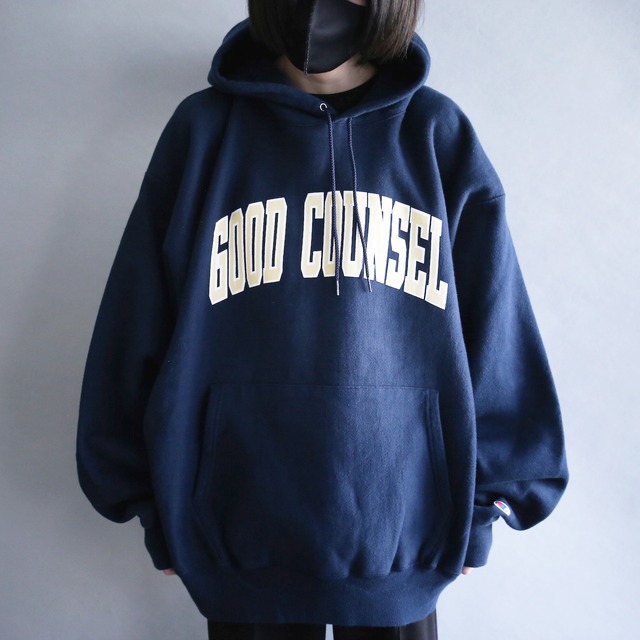 "Champion" front print design over silhouette navy sweat parka