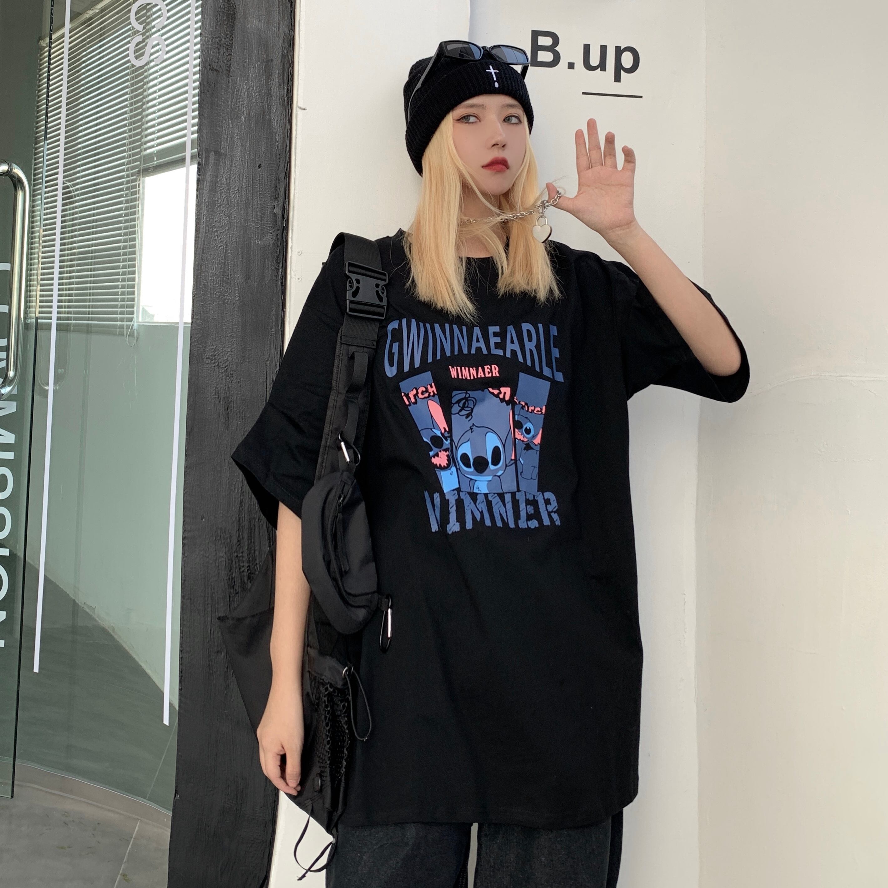 サマーベーシックブラックプリントTシャツ ルーズカジュアルラウンドネック コットン 夏物 Oネック ピュア ケッペル73485137678