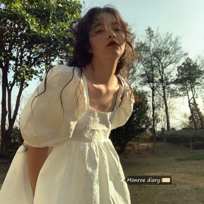 ホワイトカラースリーブドレス スタンダードサマー薄手Aラインスカート レトロ 夏物 スクウェア モンロー87567852149