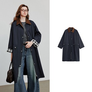 Plaid Cuffs Navy Long Coat / チェック カフ ネイビー ロング コート