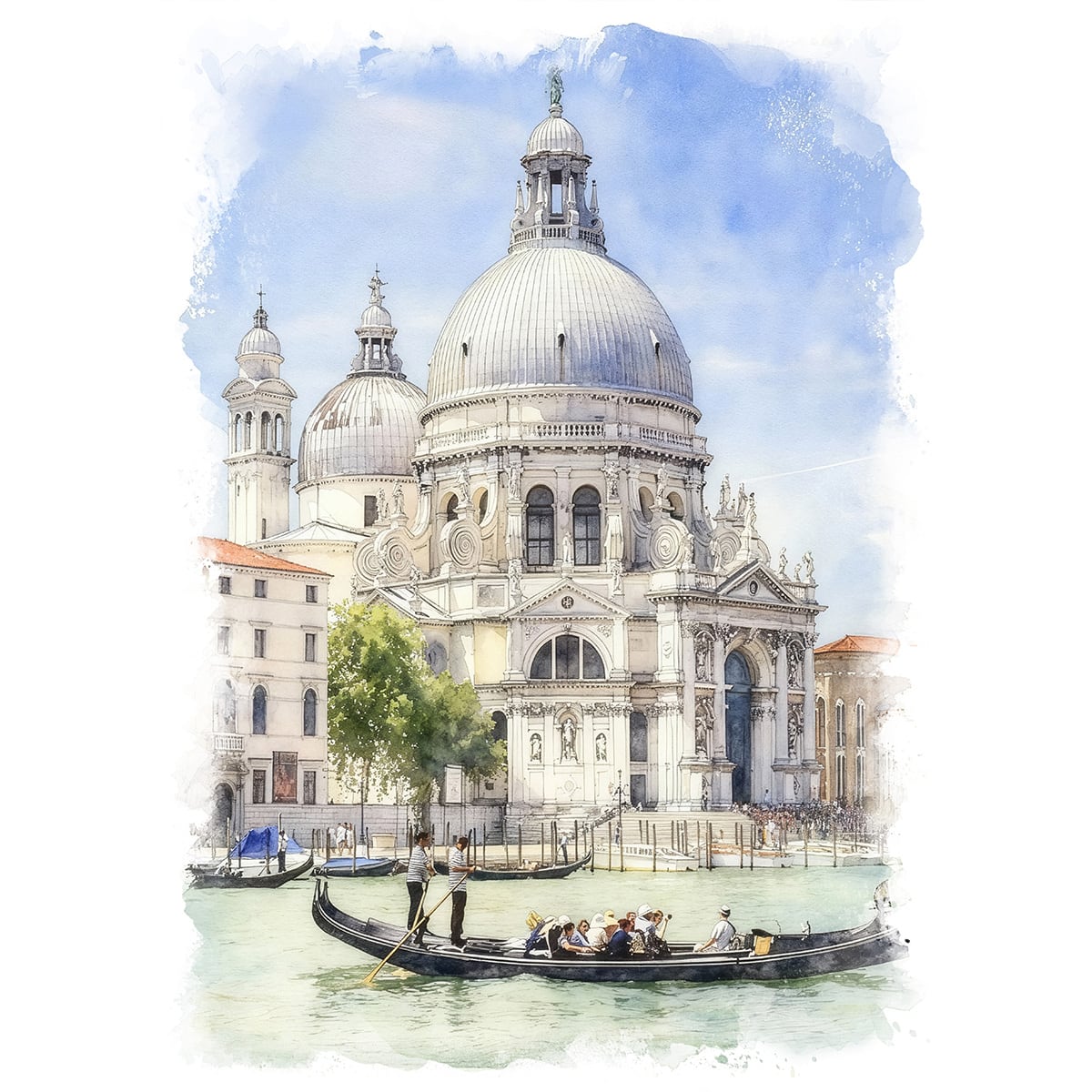 絵画 風景画(街並み) イタリア ヴェネツィア サンタ・マリア・デッラ・サルーテ教会 インテリアアート額付き 水彩画・油絵調 WAT0522