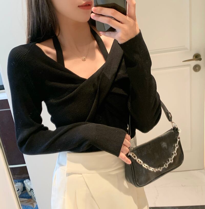 薄手ホルタークロスニットソリッド カラープルオーバー スプリングレディース ブラウス 春物 ソリッドカラー ビッグFスモールZ韓国19737346602