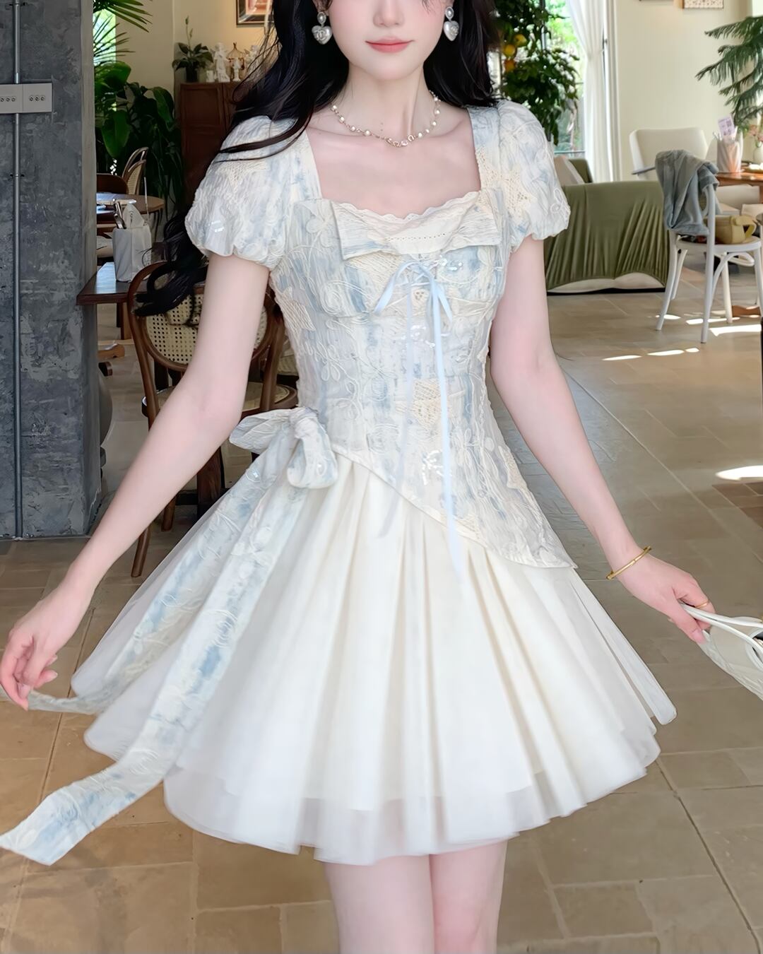 ブルーフラワースパンコールチュールワンピース(ショート) 2508030