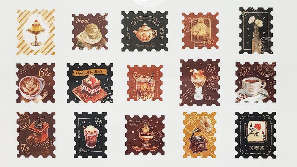 BGM フレークシール 喫茶アラモード・郵便局 黒 切手風シール | 文具