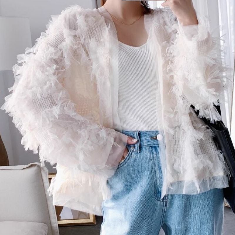 Sheer fringe no collar cardigan 5 colors V1771